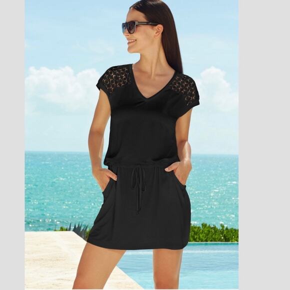 Calvin Klein Other - Calvin Klein Swimwear Black Crochet Trim Cover Up Dress Sz L/XL Pockets Resort